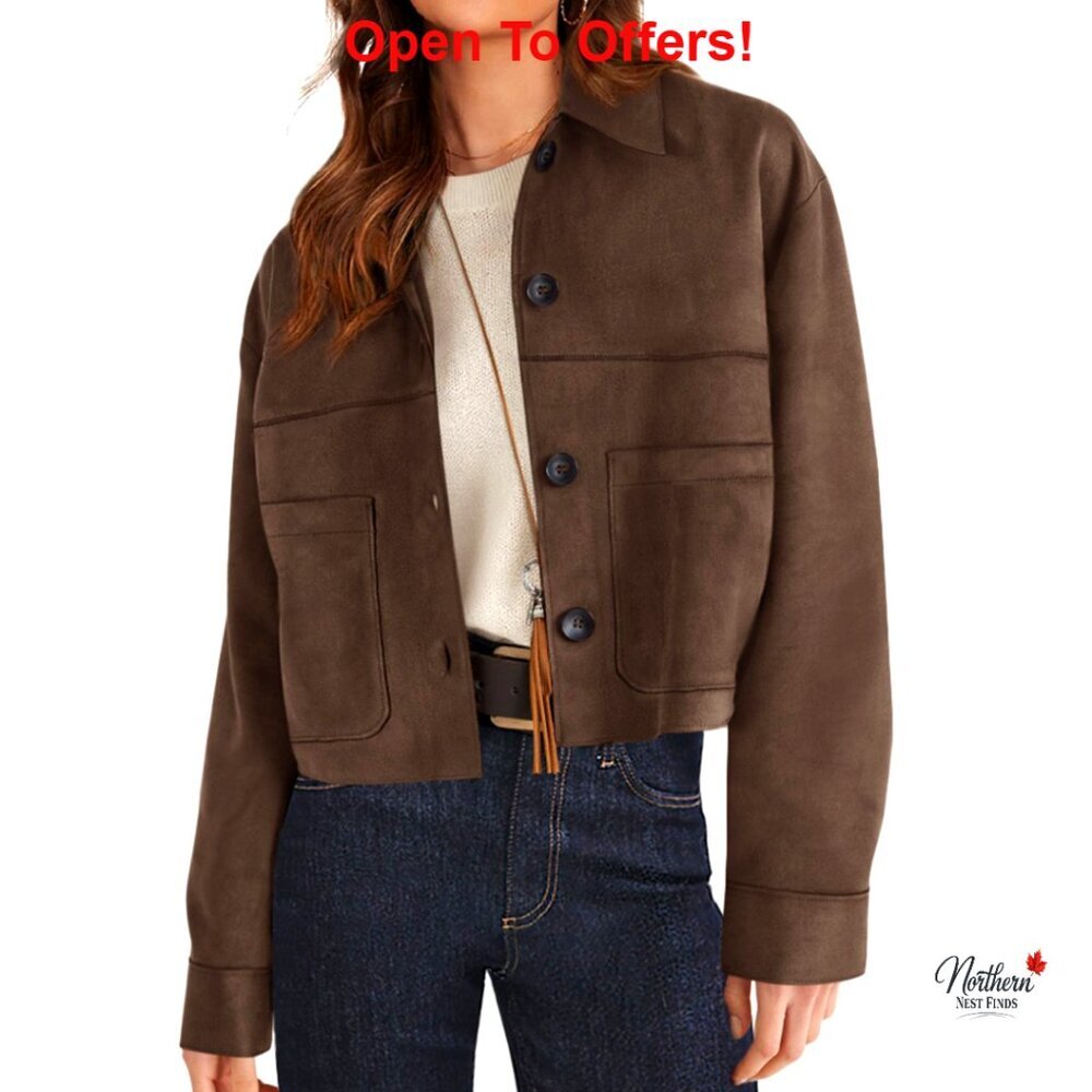 Faux Suede Cropped Jacket Lightweight Aviator Style Relaxed Fit